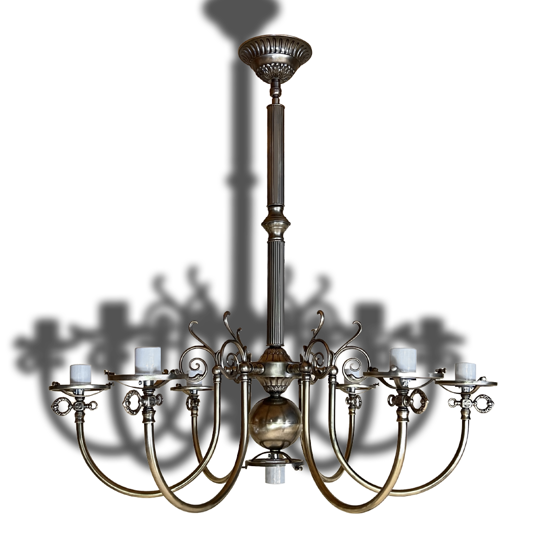 New 6 arm antique style custom hand crafted  Victorian Gas Light Chandelier in antique brass reeded tubing
